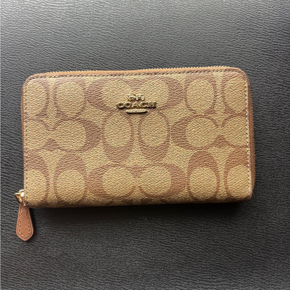 Coach Tan and Brown Signature Zip Wallet